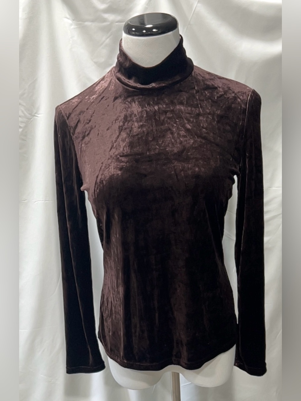 Talbots Collection Brown Velvet Mock Neck Top Size M Minimalist Long Sleeve VTG